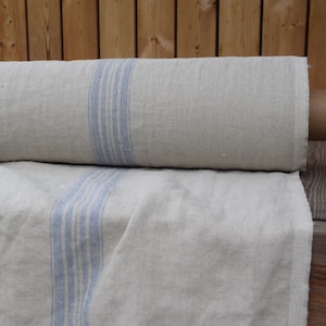 Temporarily OUT OF STOCK. 100% linen fabric Pera Natural Blue Stripe 350gsm. French grain sack pattern. Washed/Pre-shrunk.