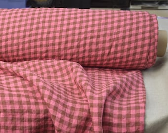 100% Pure Linen Fabric - Aurora Collection - Pink & Brown Checks, By the Yard or Meter for Apparel, 160gsm/5oz Pre-Shrunk, Stonewashed, Soft