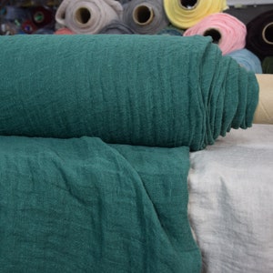 Linen fabric &quot;Pura Absolute Green&quot;. Thin semi-sheer gauze. 100% linen 110gsm (3.20oz/yd2). Bold dark green. Washed-softened. OUT OF STOCK.