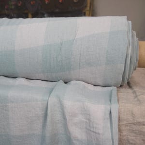 Pure 100% Linen Fabric Margarita Gameboard Pattern Aqua/Gray 190gsm. 8cm checks. Washed Softened. By the Yard. By the Meter.