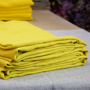 REMNANTS SALE!!! Very thin 95gsm semi-sheer pure 100% linen fabric Serena Yellow. 95gsm (2.80oz/yd2).  Grayed shade of yellow.