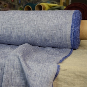 Pure 100% linen fabric Aura Iris Chambray 125gsm. Washed-softened, densely woven. Temporarily OUT OF STOCK.