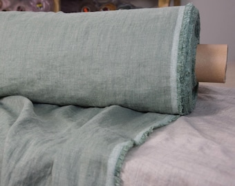 100% Pure Linen Fabric Margarita Green Smoke, 200gsm/6oz, Muted Grayish-Green Chambray, High Quality, Soft Washed By the Yard. By the Meter.