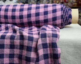 Linen Fabric Stella Pink/Blue Gingham, 100% Organic, 190gsm (5.7oz), 2cm Checks, Vichy Pattern, Creased, High Quality, By the yard.
