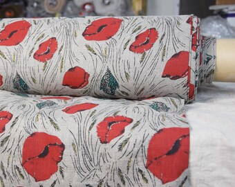 Beautiful Floral Linen Fabric - "Gloria Red Poppies" on Natural Flax, Soft & Organic, 200gsm, Pre-shrunk, Ready to Sew! IN STOCK!