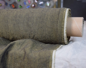 Fabric Linen "Optima" - Golden Olive Herringbone, 240gsm, 100% Pure, Muted Earthy Tones, Heavy & Washed, High Quality, IN STOCK!