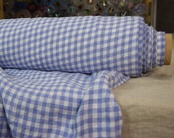 Pure 100% linen fabric Aurora Iris Blue Gingham 160gsm (4.80oz/yd2). 8mm vichy light blue  check. Washed-softened.
