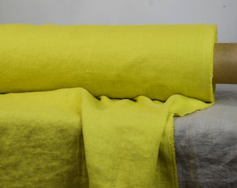 IN STOCK. Pure 100% linen fabric Gloria Chartreuse 200gsm (5.90 oz/yd2). Yellow-green color. Washed-softened, densely woven.