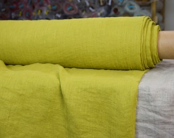 IN STOCK. Very thin 95gsm semi-sheer pure 100% linen fabric Serena Green Sulphur. Washed-softened.