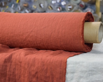 IN STOCK. Pure 100% linen fabric Gloria Rust 200gsm (5.90 oz/yd2). Reddish-brown color, washed-softened.