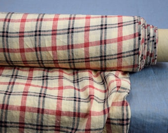 100% Leinenstoff Elba Tartan Karo Pfirsich Schwarz Rot – gewaschenes weiches Leinen, 200g/m², Leinwand gewebt, vorrätig, Meterware.