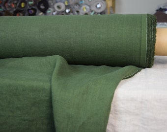 IN STOCK. Pure 100% linen fabric Gloria Military Green 200gsm (5.90oz/yd2). Rich saturated olive-army green. Washed-softened.