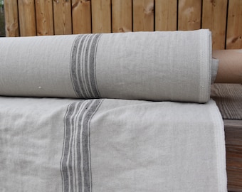 100% linen fabric Pera Natural Black Stripe 350gsm. French grain sack pattern. Washed/Pre-shrunk. Eco-friendly heavy and thick material.