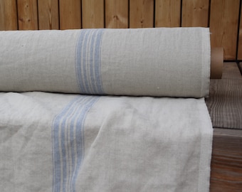 Temporarily OUT OF STOCK. 100% linen fabric Pera Natural Blue Stripe 350gsm. French grain sack pattern. Washed/Pre-shrunk.