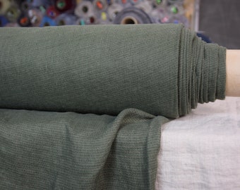 Temporarily OUT OF STOCK. Pure 100% linen fabric Letta Ripples Ivy Green 210gsm. Muted earthy dark olive color. Washed-softened.