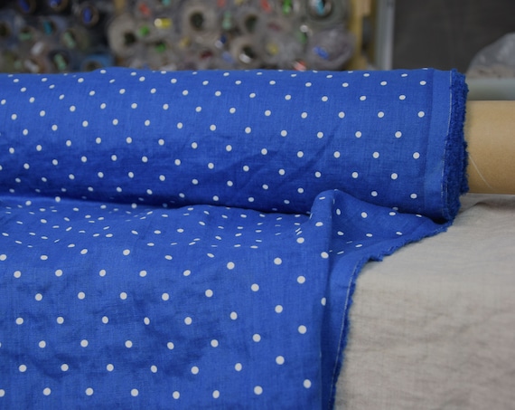 Pure 100% linen fabric Gloria Classic Blue Polka Dot 200gsm. Small white dots. Washed-softened.