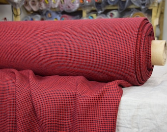 IN STOCK. 100% linen fabric Letta Hound's Tooth Red 210gsm. Dog’s tooth / Crow's feet pattern. Woven from black and red. Washed-softened.