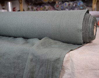 IN STOCK. Linen fabric Gloria Celadon 200gsm (5.90oz/yd2). Muted  quite dark gray-green, color of antique chinese  pottery. Washed-softened.