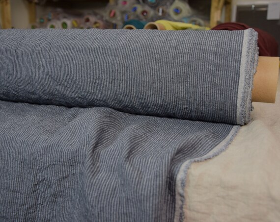 Pure 100% linen fabric Elba Anchor Gray-Blue Pencil Stripes 200gsm. 1.5mm stripes. Washed-softened. Naturally wrinkled texture.