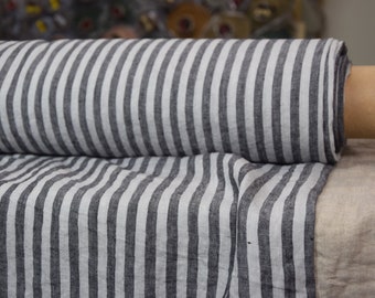 IN STOCK. Linen fabric Regina Bengal Stripes Morning Mist 130gsm. Dark gray and pale blue-gray 8mm stripes. Light weight, washed-softened.