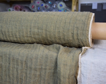 IN STOCK. Pure 100% linen fabric Sigma Golden Bark Herringbone 220gsm. Broken twill, green and golden-brown colors. Washed-softened.