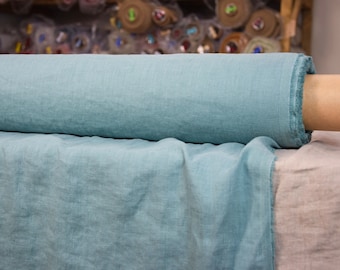 IN STOCK. 100% linen fabric Gloria Waterfall 200gsm (5.90oz/yd2). Middle weight, dense, washed-softened. Soft pastel aqua, aquamarine.