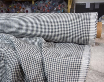 IN STOCK. Pure 100% linen fabric Augusta Gray Gingham 145gsm. 3mm checks, gray and undyed flax.  Washed-softened.