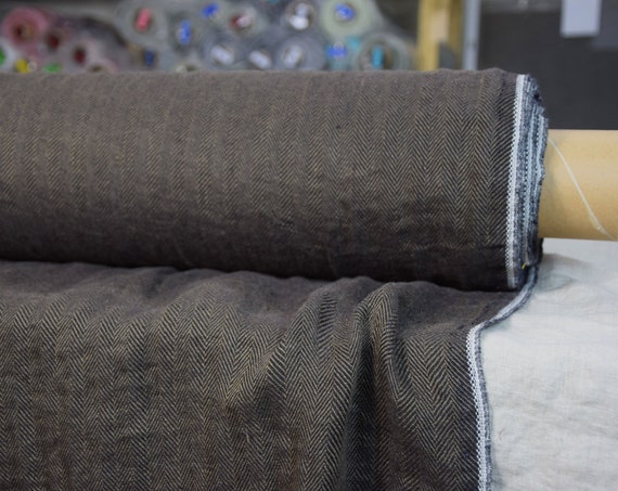 Pure 100% linen fabric Sigma Black Soil Herringbone 220gsm. Broken twill, mix of dark brown and black. Washed-softened.