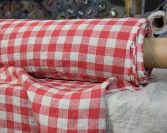 IN STOCK. Pure 100% linen fabric Stella Red Chessboard 180gr/m2 (5.35oz/yd2). Checks 2cm gingham.