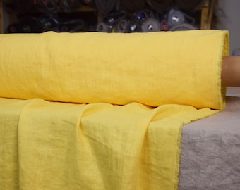 IN STOCK. Pure 100% linen fabric Gloria Sunburst Yellow 200gsm(6oz/yd2). Bright sunny yellow. Washed-softened.