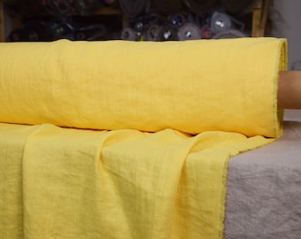 EN STOCK. Tejido puro 100% lino Gloria Sunburst Yellow 200gsm(6oz/yd2). Amarillo brillante y soleado. Lavado-suavizado.