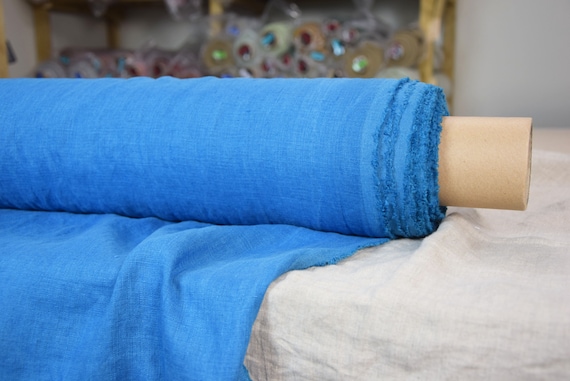 Pure 100% linen fabric Gloria Aged Turquoise 190gsm. Turquoise-blue color. Medium weigh. "Wash-out" color effect.