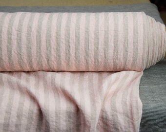 IN STOCK. Pure 100% linen fabric Gloria Pearl Blush Bengal Stripe 200gsm (6oz/yd2). Pantone 12-1207. Pink beige stripe. Rose beige stripe.