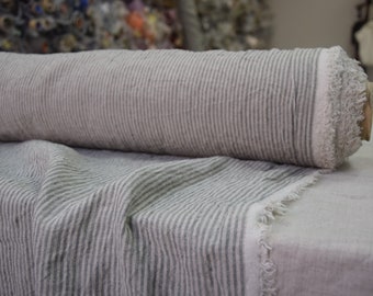 IN STOCK. Pure 100% linen fabric Elba Green-Gray Candy Stripes 200gsm. 2.5mm stripe. Graceful fall, naturally wrinkled, strong, and durable.
