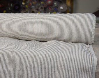 IN STOCK. Pure 100% linen fabric Elba Beige Candy Stripes 200gsm. White/beige 2.5mm stripes. Naturally wrinkled, bit rustic homespun look.