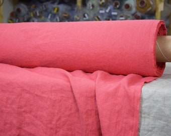 IN STOCK. Pure 100% linen fabric Gloria Fresh Salmon 200gsm (5.90oz/yd2). Salmon rose color. Washed-softened.