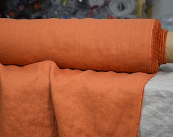 IN STOCK. Pure 100% linen fabric Gloria Racing Orange 200gsm (6oz/yd2). Orange terracota, tawny. Washed, softened.