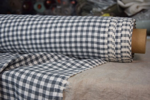 Pure 100% linen fabric Gloria Cool Gray White Gingham 200gsm (5.90 oz/yd2). 8mm check. Medium weight, densely plainly wowen, washed-softened