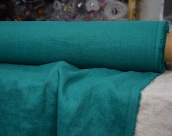 IN STOCK. Pure linen fabric Gloria Emerald Green 200gsm (5.90oz/yd2). Middle weight, dense, washed-softened.