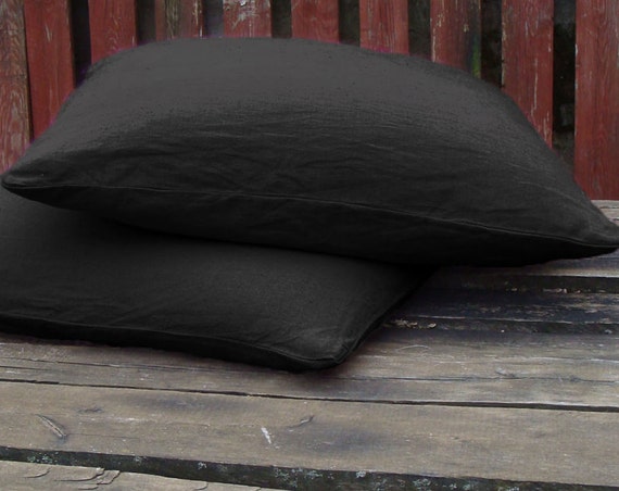 Ready to ship. One 100% linen pillow cover. Black color. Square dimensions 68x70cm (27x28 inches).