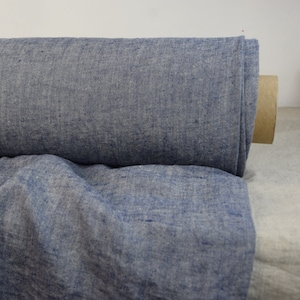Pure 100% linen fabric Terra Blue Chambray 210gsm. Melange, undyed flax/indigo-blue. Washed-softened. Temporarily OUT OF STOCK.