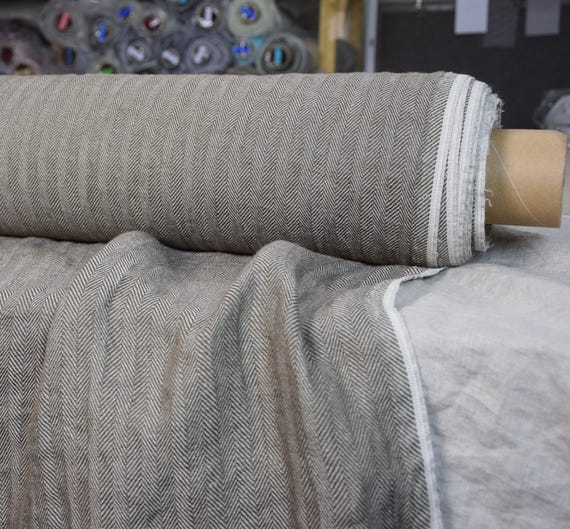 Linen Herringbone Fabric - "Sigma Rustic Taupe", 100% Pure, 220gsm, Softened, Muted Brown & Beige, IN STOCK!