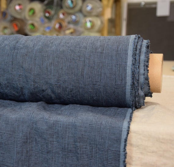 GLEN CHECK LINEN Fabric - Provincial Blue & Black, 100% Pure (Bona), 210gsm, Classic Pattern, Eco-Friendly, Out of stock.