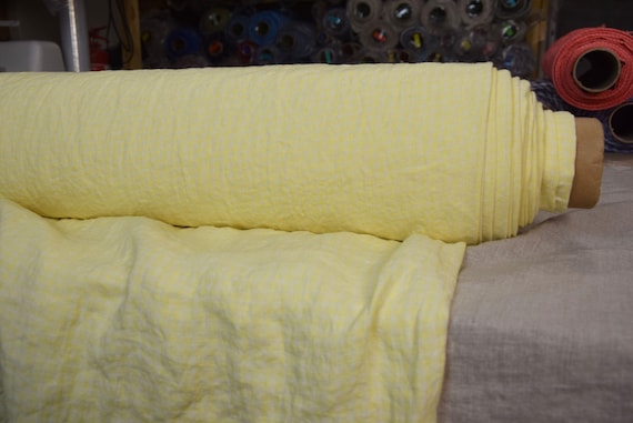Temporarily OUT OF STOCK. Pure 100% linen fabric Aurora Lemon Gingham 165gsm. 4mm checks bright yellow. Washed-softened.