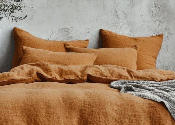 100% Linen Pillowcases, Set of 2, Stone Washed, Goldened Brown Linen Pillow Covers, Standard, Queen, King Sizes, TERRA BRONZE collection.