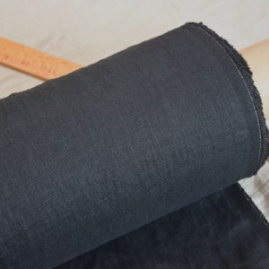 Pure linen fabric Gloria Black. Middle weight and middle thicknes, plain weave. The fabric is dense, not sheer, soft. Drape characteristic are good. Rich and deep black colour.