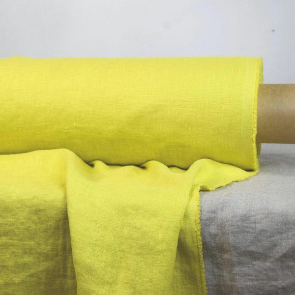 100% Pure Linen Fabric Vibrant Yellow with Green Tint (Chartreuse) By the yard/by Meter. Softened, Densely Woven, Medium Weight 200gsm/6oz.