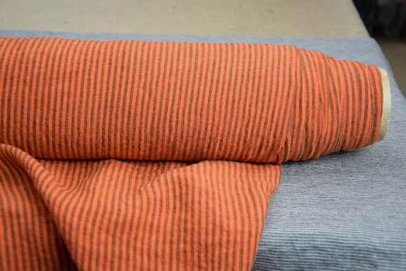 Premium 100% Linen Fabric "Aura Bright Orange&Green Stripe", 125gsm (3.7oz), Soft,Lightweight, Perfect for Summer, Ready to Ship IN STOCK!