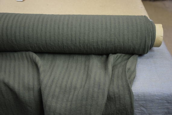 Linen/cotton 48/52% fabric "Barbara Dark Military Green Striped" 120gr/m2 (3.4oz/yd2). Very soft smooth pre-shrunk. Out of STOCK.
