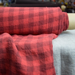 Linen Fabric - &quot;Stella Red Chessboard&quot; 190gsm (5.6oz), Saturated Warm Red, Gingham Pattern, Densely Woven Texture, 100% Pure, IN STOCK!
